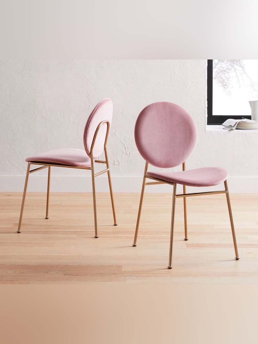 West Elm Pink Velvet Round-Back one Dining / Office Desk Chairs with Gold Legs